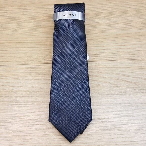 ALFANI Mens Neck Tie Black Gray Glen Plaid Houndstooth Check Plaid Modern - Picture 2 of 6